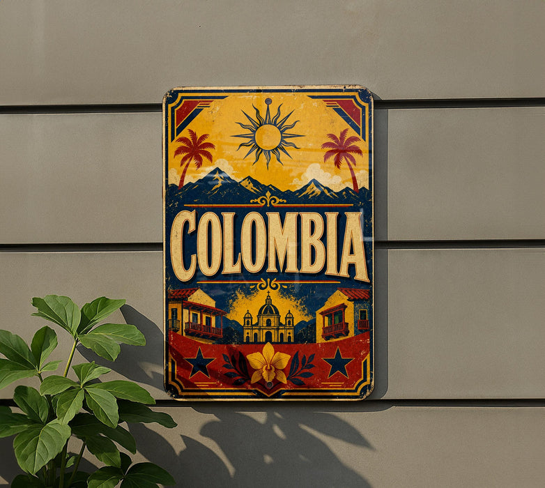 A vintage-style sign with the word "COLOMBIA" prominently displayed, featuring a sun, palm trees, mountains, and a colorful, decorative border.