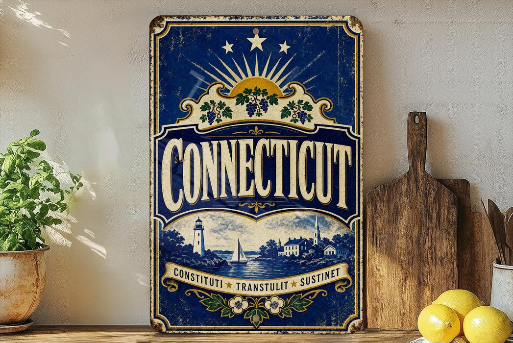 A vintage-style metal sign with the word "Connecticut" prominently displayed, featuring a lighthouse and other scenic elements. The sign is placed on a wooden surface, with a potted plant and a wooden cutting board nearby.