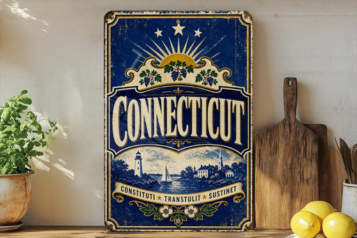 A vintage-style metal sign with the word "Connecticut" prominently displayed, featuring a lighthouse and other scenic elements. The sign is placed on a wooden surface, with a potted plant and a wooden cutting board nearby.