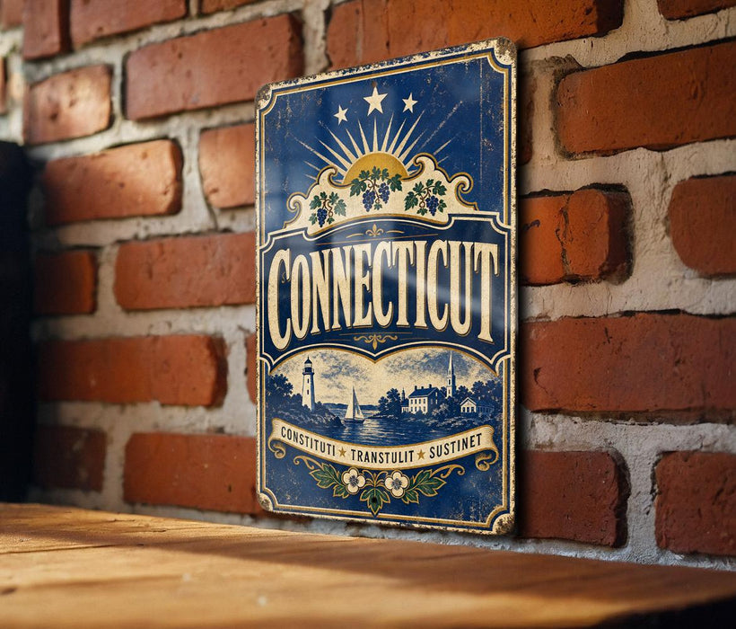 A vintage-style metal sign with the word "Connecticut" prominently displayed, mounted on a brick wall.