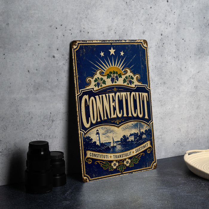 A vintage-style metal sign with the word "Connecticut" prominently displayed, featuring a decorative border and a sunburst design.