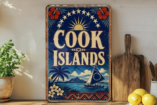 A vintage-style sign for the Cook Islands, featuring a tropical island scene with a sailboat, palm trees, and a sun. The sign is displayed on a shelf next to a wooden cutting board and a potted plant.