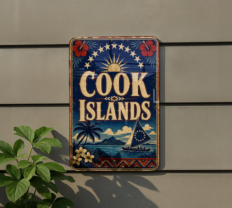A vintage-style sign for Cook Islands, featuring a sailboat, palm trees, and a sun in the sky, mounted on a wall.