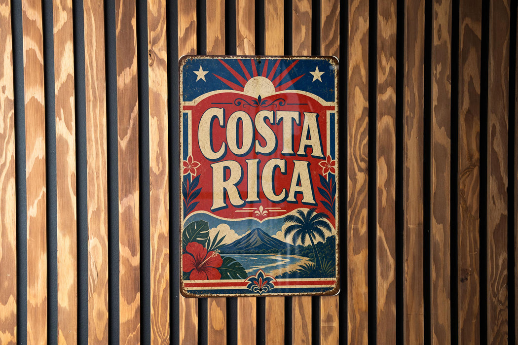 A vintage-style metal sign with the text "COSTA RICA" displayed prominently in the center, surrounded by tropical imagery such as palm trees, flowers, and a sunburst design.