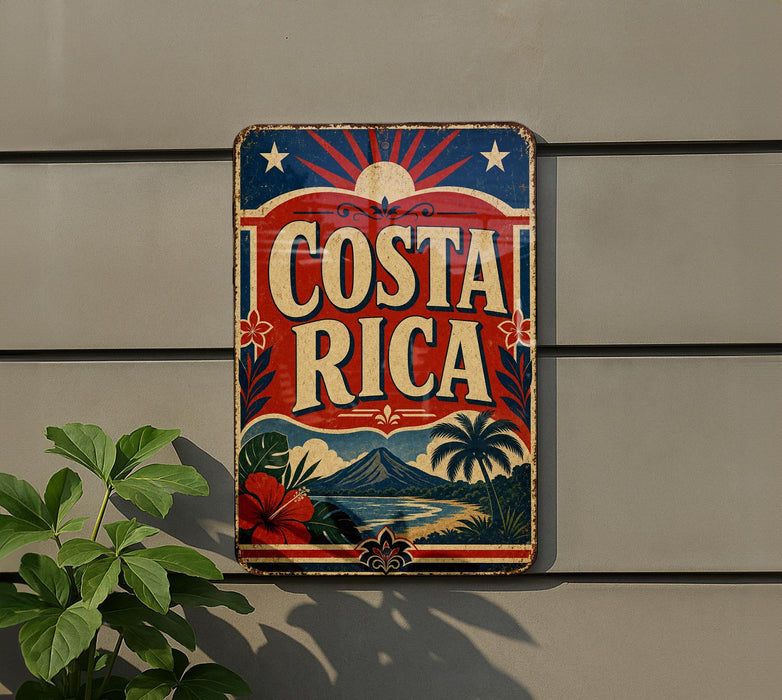 A vintage-style metal sign with the text "COSTA RICA" displayed prominently, featuring a tropical landscape with palm trees, a mountain, and a sun.