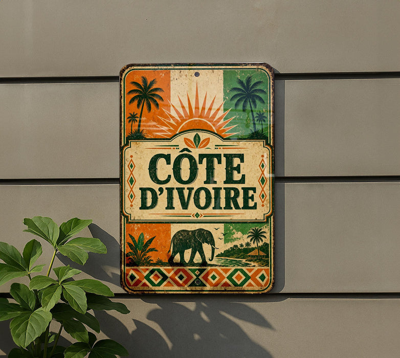 a vintage-style sign with a tropical theme, hanging on a wall next to a plant.