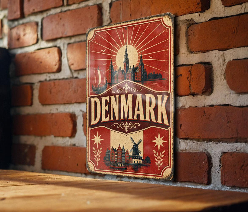 A vintage metal sign with the word "DENMARK" prominently displayed, featuring a cityscape and a sunburst design.