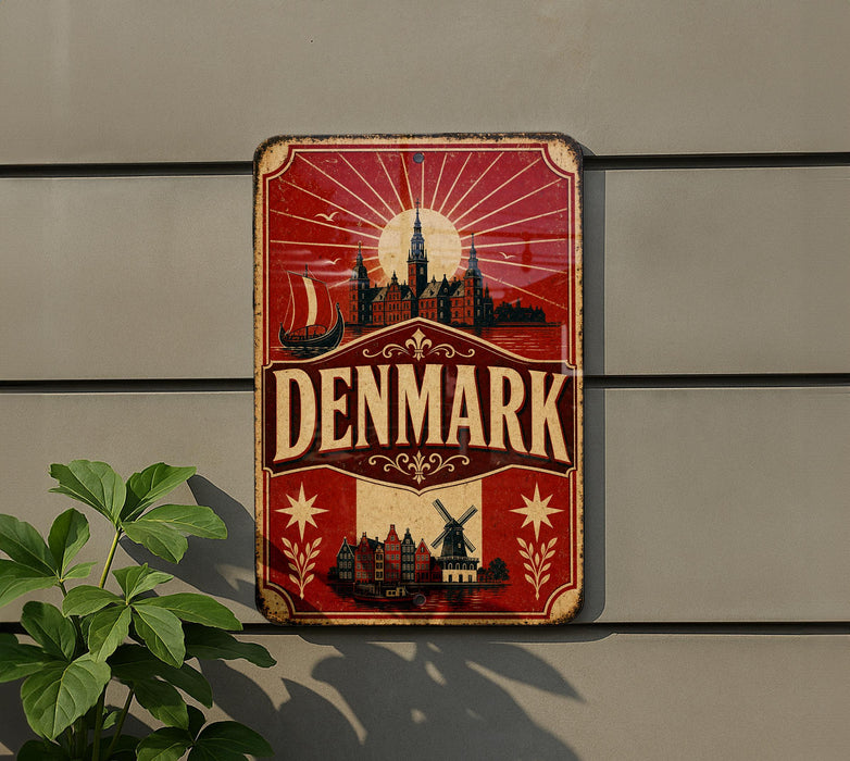 A vintage-style metal sign with the word "DENMARK" prominently displayed, featuring a cityscape and a sunburst design.