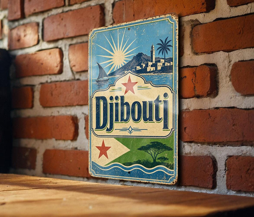 A vintage-style metal sign with a blue background and a red star, featuring the word "Djibouti" and a depiction of a coastal town.