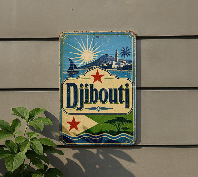 A vintage-style sign with a blue background and a red star, displaying the word "Djibouti" in large letters.