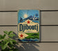 A vintage-style sign with a blue background and a red star, displaying the word "Djibouti" in large letters.