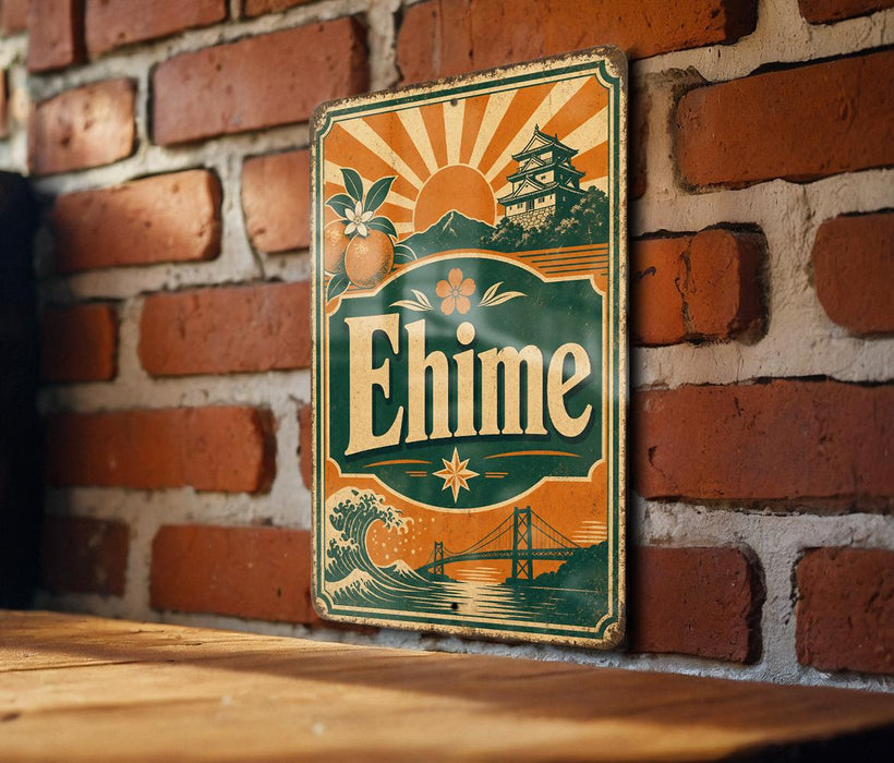 A vintage-style metal sign with the word "Ehime" displayed prominently, featuring a sun and a castle-like structure in the background.