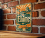 A vintage-style metal sign with the word "Ehime" displayed prominently, featuring a sun and a castle-like structure in the background.