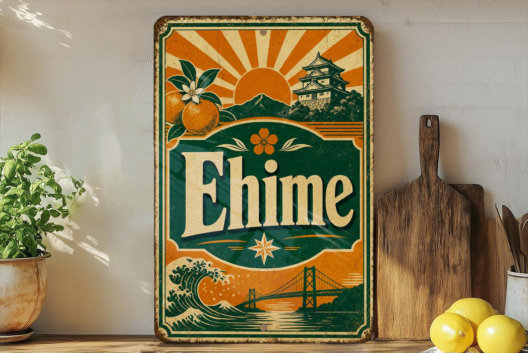 A vintage-style sign for Ehime, featuring a wave, a bridge, and a temple, is displayed on a shelf next to a potted plant and a wooden cutting board.