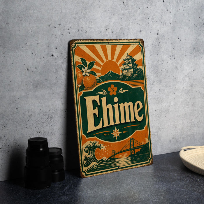 A vintage-style metal sign with the word "Ehime" prominently displayed, featuring an illustration of a sunset, a temple, and a bridge.