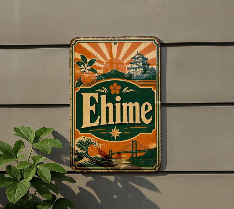 a vintage-style sign with a green and orange color scheme, depicting a scenic landscape with a bridge, sun, and buildings.