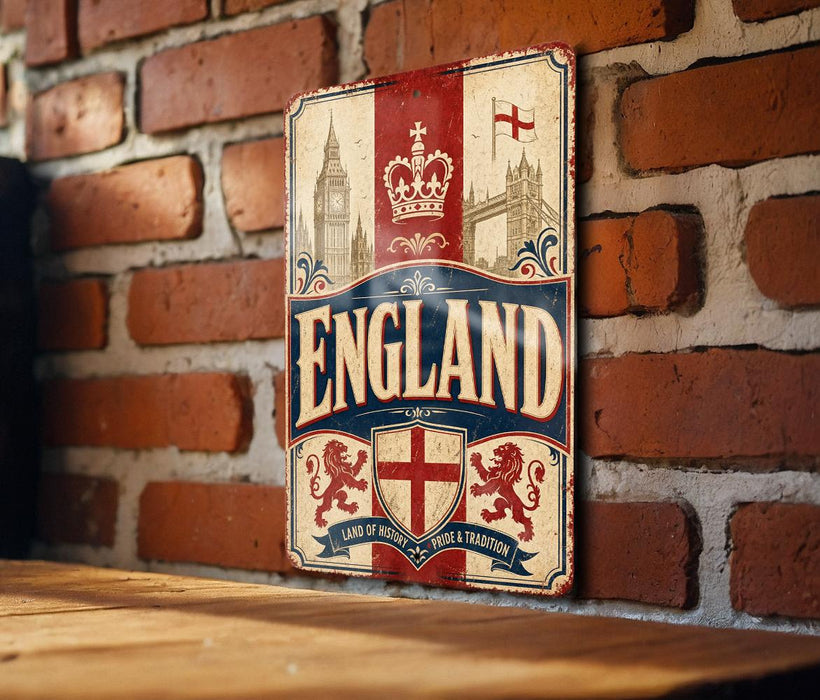 A vintage-style sign with the word "ENGLAND" prominently displayed, featuring a red and white color scheme with a crown and a lion emblem. The sign is mounted on a brick wall, and there is a wooden table below it.