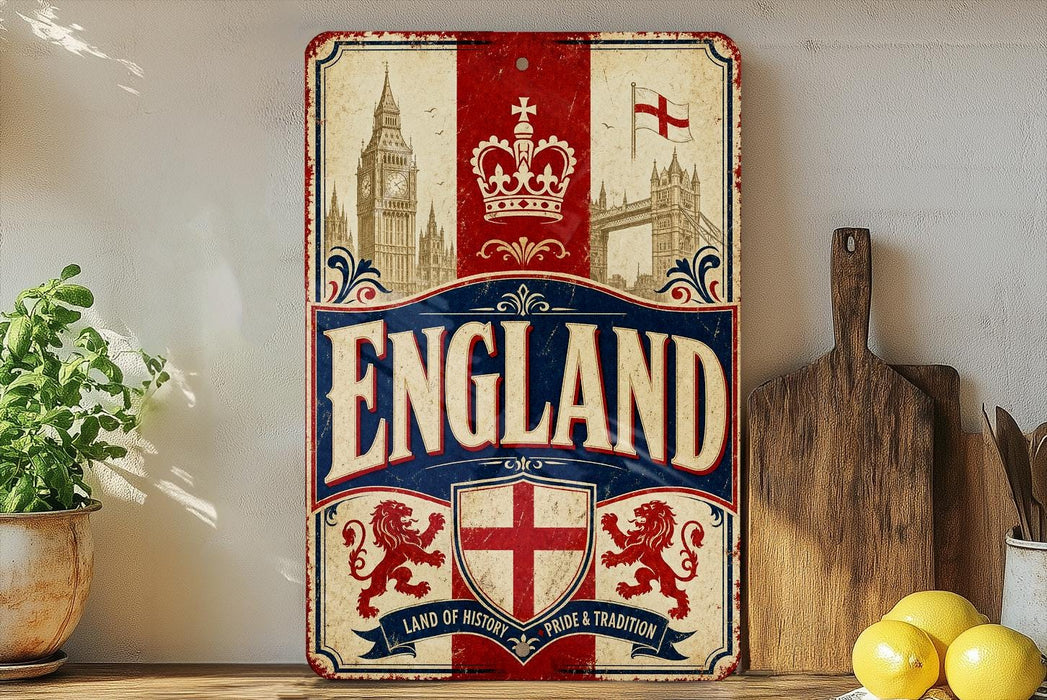 A vintage-style metal sign with the word "ENGLAND" prominently displayed, featuring a red and white color scheme with a crown and a lion emblem. The sign is placed on a wooden surface, with a potted plant and a wooden cutting board visible in the background.