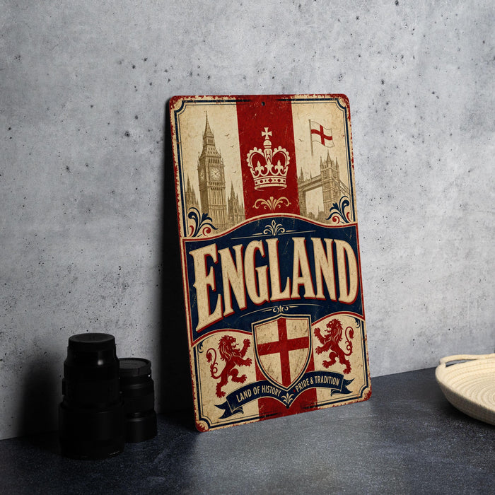 A vintage-style metal sign with the word "ENGLAND" prominently displayed, featuring images of iconic landmarks and symbols associated with the United Kingdom.