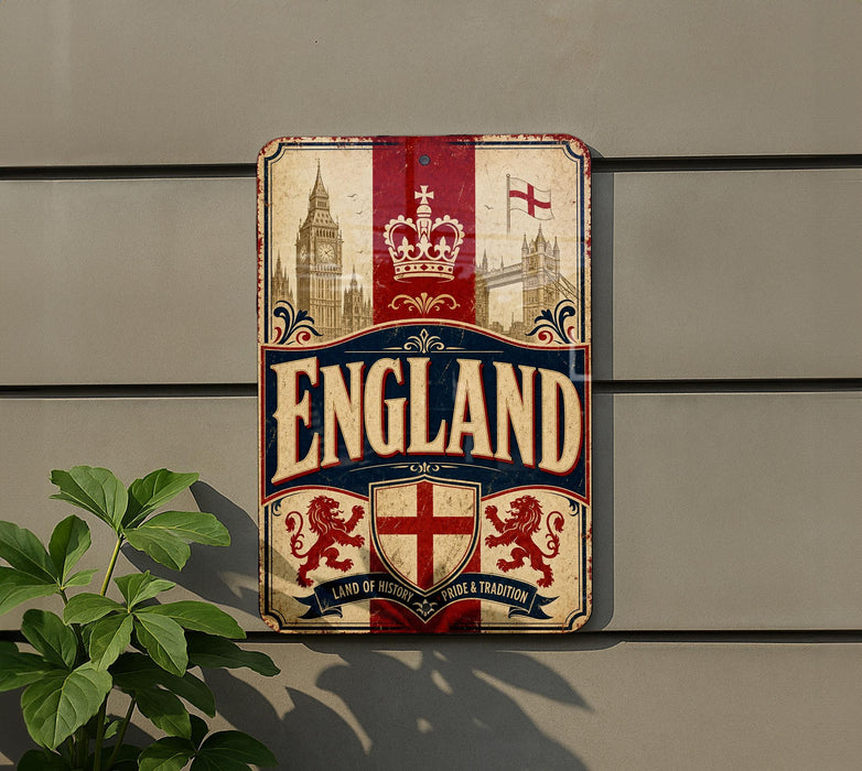a sign with the word "ENGLAND" prominently displayed, along with a red and white shield and lion emblem. The sign is mounted on a wall, and there is a plant visible to the left of the sign.