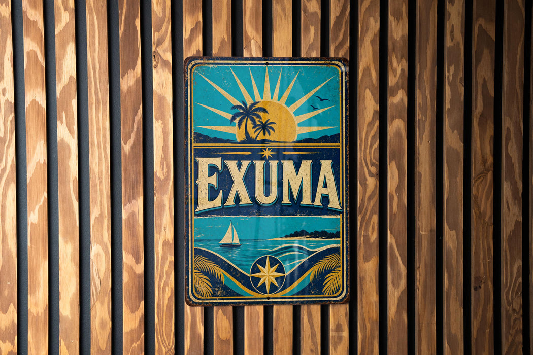 A vintage-style metal sign with the word "EXUMA" prominently displayed, featuring a sun, palm trees, and a sailboat.