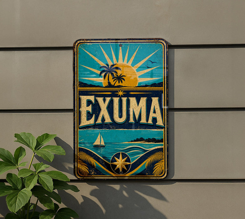 A vintage-style metal sign with a tropical beach scene and palm trees, featuring the word "EXUMA" prominently displayed.