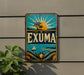 A vintage-style metal sign with a tropical beach scene and palm trees, featuring the word "EXUMA" prominently displayed.