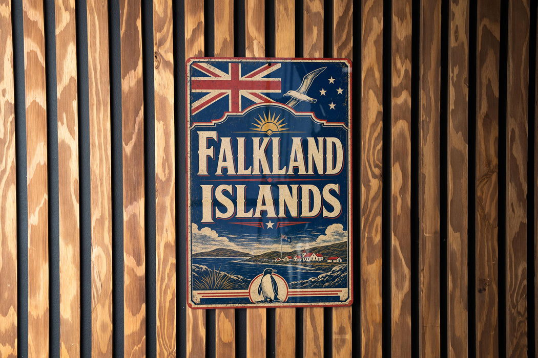 A vintage-style metal sign with the text "Falkland Islands" and a Union Jack flag, mounted on a wooden wall.