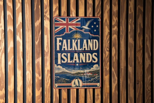 A vintage-style metal sign with the text "Falkland Islands" and a Union Jack flag, mounted on a wooden wall.