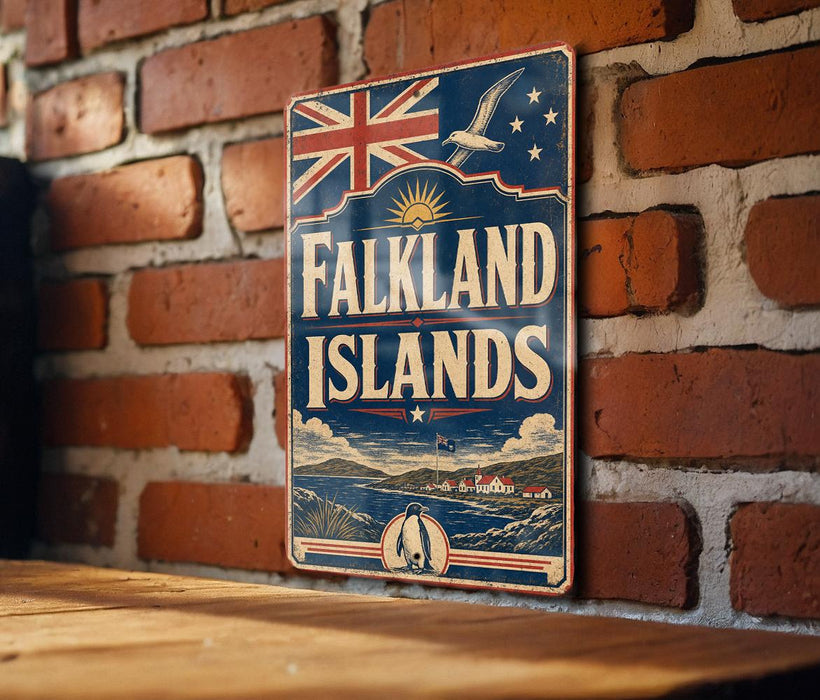 A vintage-style sign for Falkland Islands, featuring a Union Jack flag and a seagull, is displayed on a brick wall.