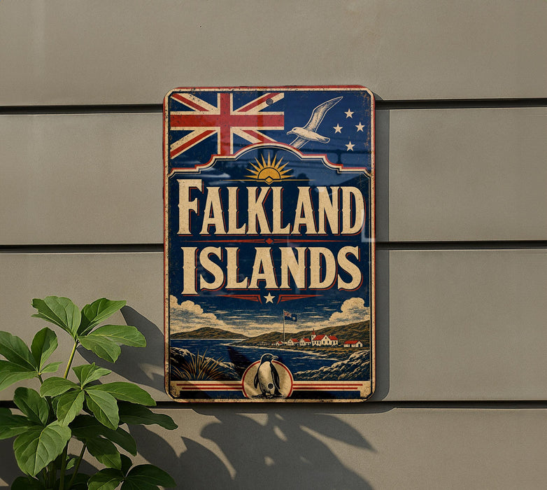 a vintage-style sign for Falkland Islands, mounted on a wall with a Union Jack flag and a seagull in the background.