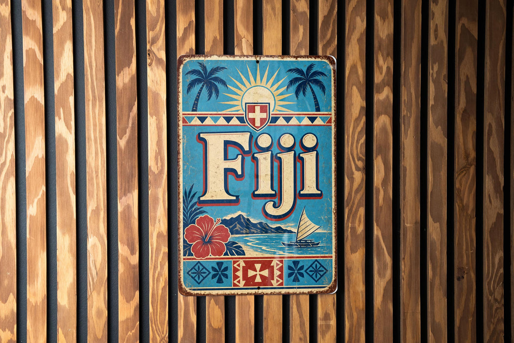 A vintage-style metal sign with the word "Fiji" prominently displayed, featuring palm trees, a hibiscus flower, and a sailboat.