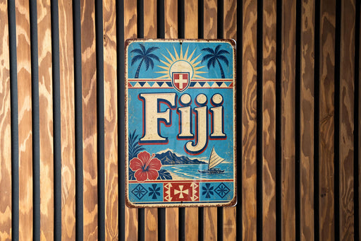 A vintage-style metal sign with the word "Fiji" prominently displayed, featuring palm trees, a hibiscus flower, and a sailboat.