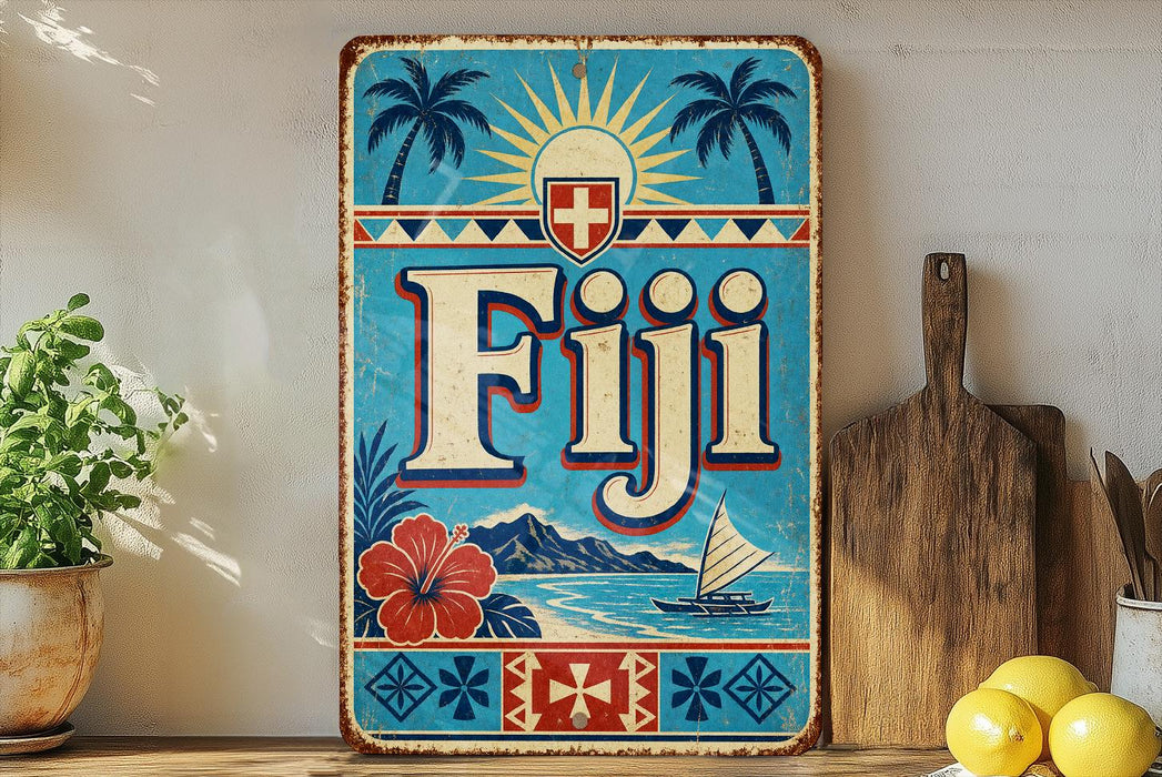 a vintage-style sign for Fiji, with a blue background and tropical elements such as palm trees and a sailboat. The sign also includes the word " Fiji" prominently displayed.