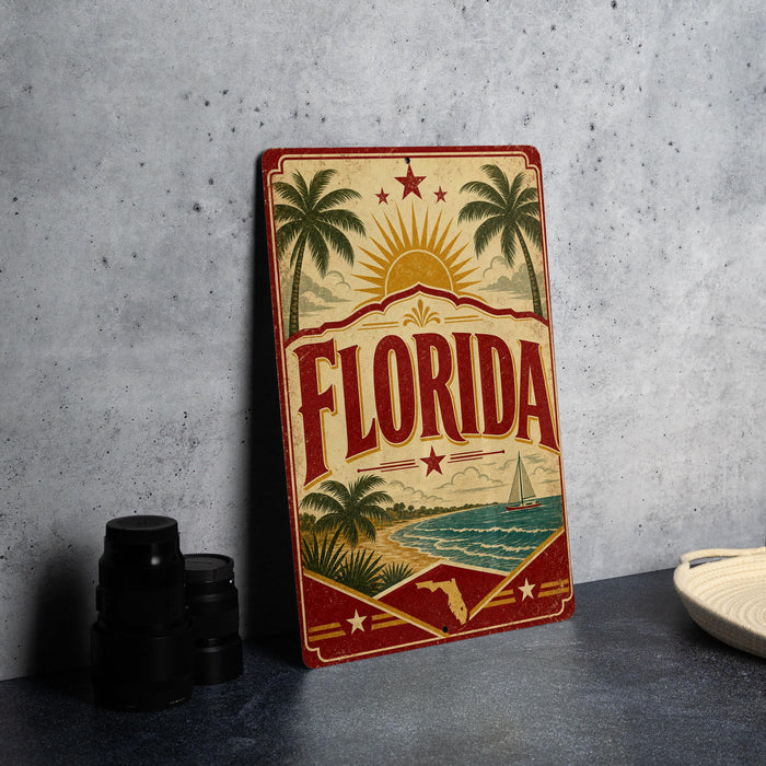 A vintage-style sign with the word "FLORIDA" prominently displayed, featuring palm trees, a sun, and a sailboat, all set against a beach scene.