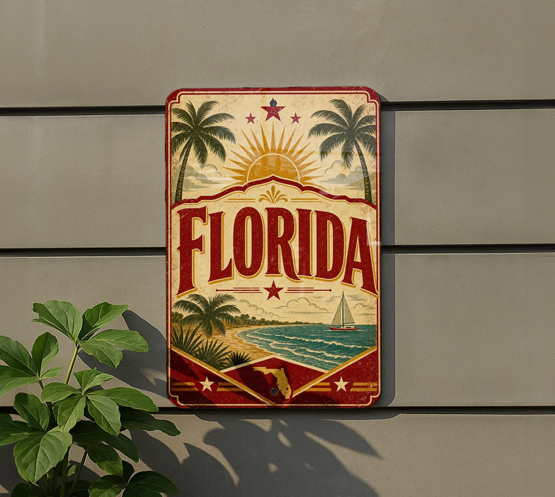 A vintage-style sign with the word "FLORIDA" prominently displayed, featuring palm trees, a sun, and a sailboat, all set against a beach and ocean backdrop.
