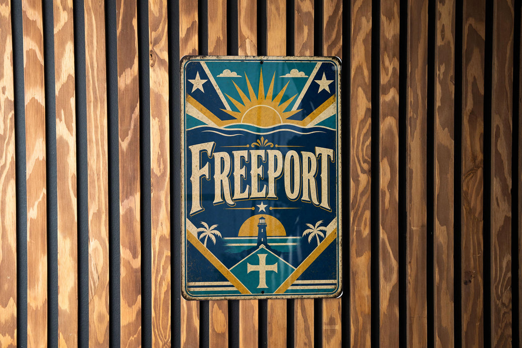 A vintage metal sign with the word "FREEPORT" displayed prominently in the center, surrounded by various decorative elements such as a sun, palm trees, and stars.