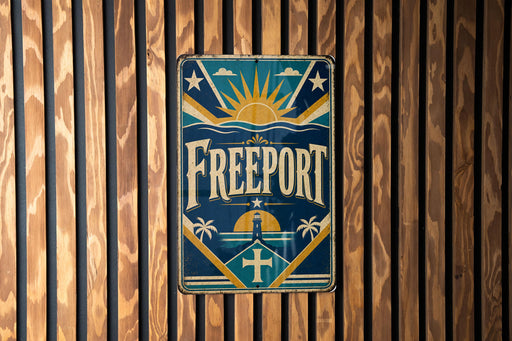 A vintage metal sign with the word "FREEPORT" displayed prominently in the center, surrounded by various decorative elements such as a sun, palm trees, and stars.