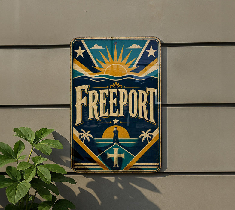 a sign with the word "Freeport" on it, mounted on a wall.