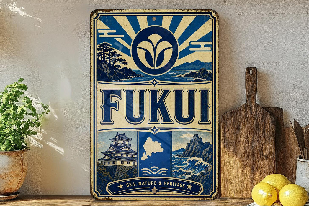 a vintage-style sign with a blue and white color scheme, displaying the word "FUKUI" prominently. The sign also includes a depiction of a Japanese castle and a seascape, suggesting a connection to Japanese culture and nature. The sign is placed on a wooden surface, with a potted plant and a wooden cutting board visible in the background.