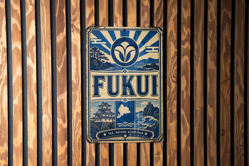 a vintage-style sign with a blue and white color scheme, mounted on a wooden wall.
