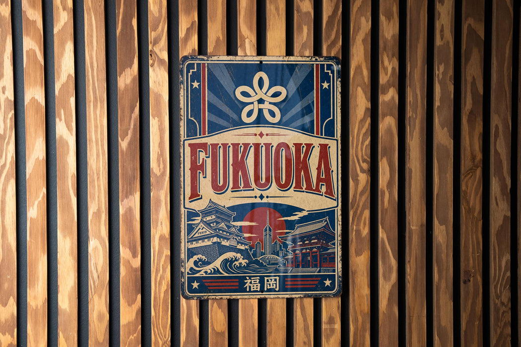 a vintage-style sign with the word "FUKUOKA" prominently displayed, along with a graphic of a temple and a sun. The sign is mounted on a wooden wall with vertical slats.
