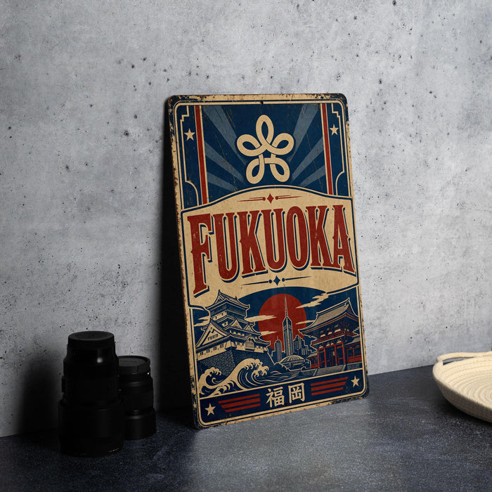 A vintage-style metal sign with the name "FUKUOKA" prominently displayed, featuring a stylized design with a sun and waves. The sign is placed on a gray countertop, with a stack of black camera lenses and a white dish visible in the background.