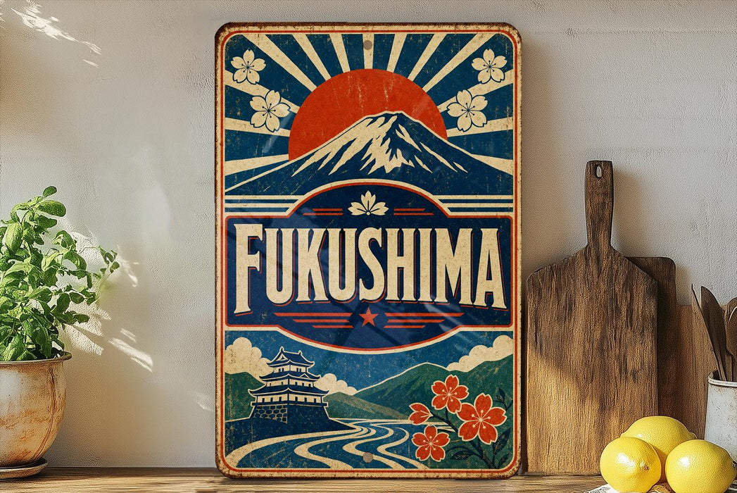 A vintage-style sign for "FukUSHIMA" is displayed on a shelf, featuring a mountain, sun, and flowers.