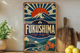 A vintage-style sign for "FukUSHIMA" is displayed on a shelf, featuring a mountain, sun, and flowers.