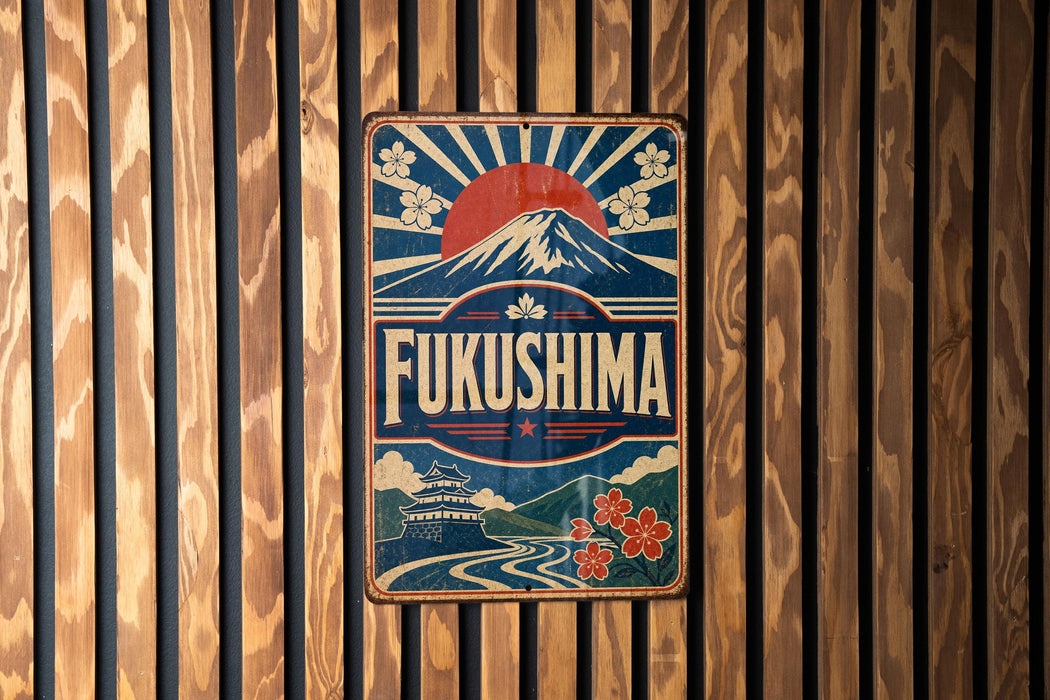 a vintage-style sign with the word "FukUSHIMA" prominently displayed, surrounded by a mountain landscape and a sunburst design.