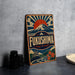 A vintage-style metal sign with a mountain and sun design, featuring the text "FUKUSHIMA" prominently displayed.
