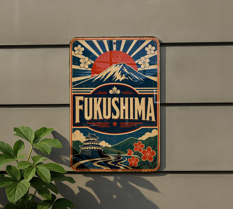 a vintage metal sign with a mountain and sun design, mounted on a wall.