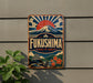 a vintage metal sign with a mountain and sun design, mounted on a wall.