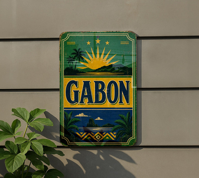 a vintage-style sign with a tropical landscape and palm trees, mounted on a wall.
